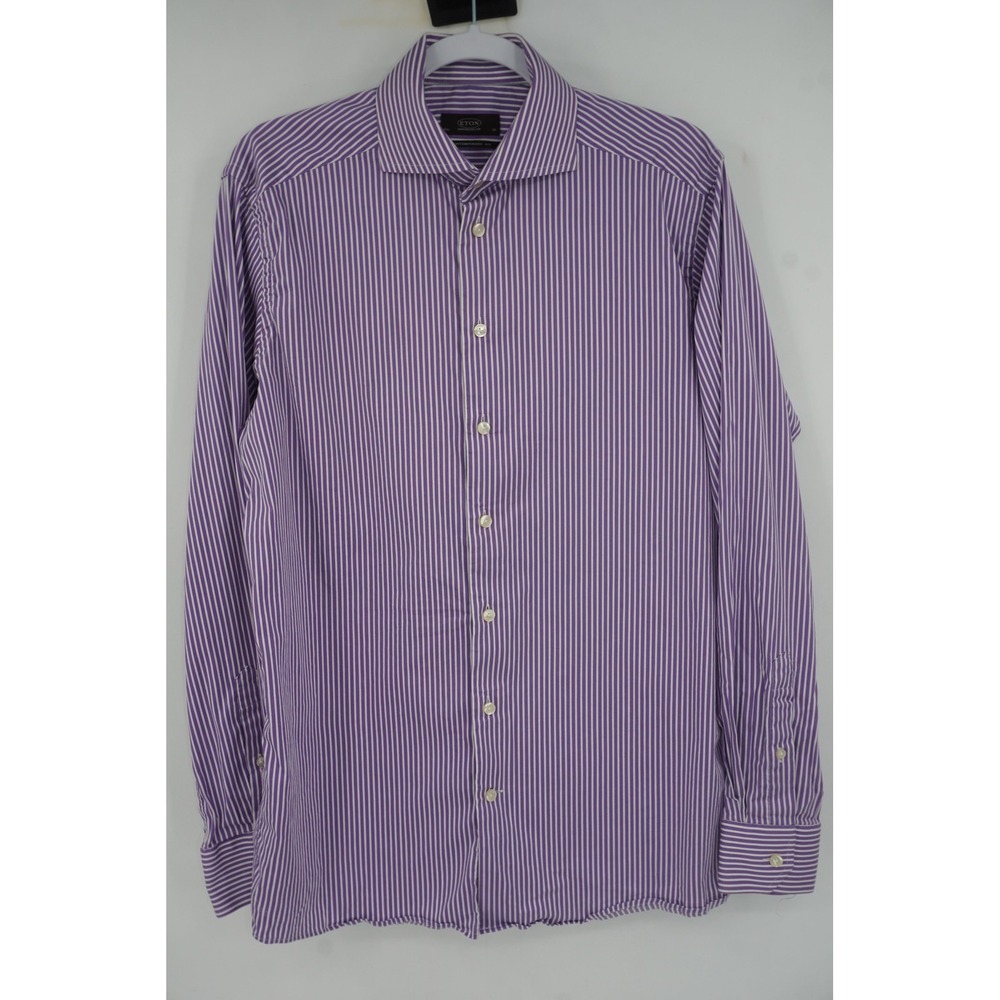 Eton Dress Shirt Mens 15.5 39 Purple Stripe Contemporary Stretch Long Sleeve